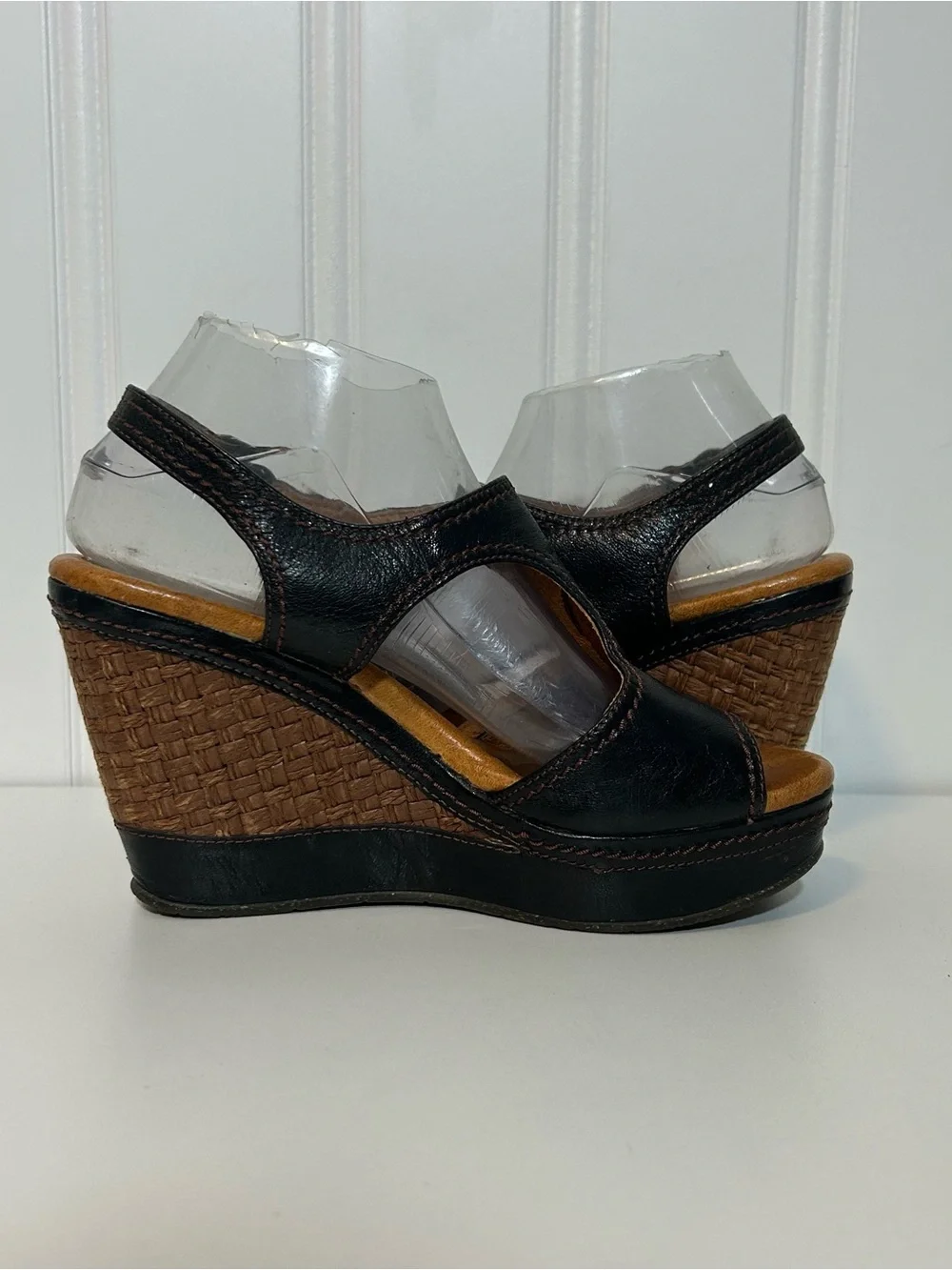 Naya eternal espadrille Wedge Sandals - Black Leather Open Toe